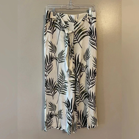 Joie Linen Blend Pants‎ Cropped Wide Leg Leaves Beach Waist Tie Size 6 NWOT - Picture 1 of 4